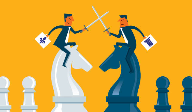 Illustration of two cartoon men sitting chess pieces arguing