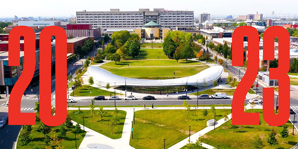 Le campus de l'Université York avec le chiffre 2023 superposé sur l'image.