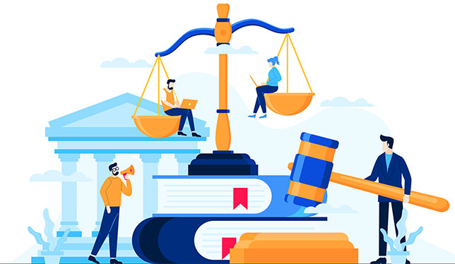 Illustration of the scale of justice on top of law books and a gavel next to people working.