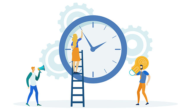 women on stair setting clock painting