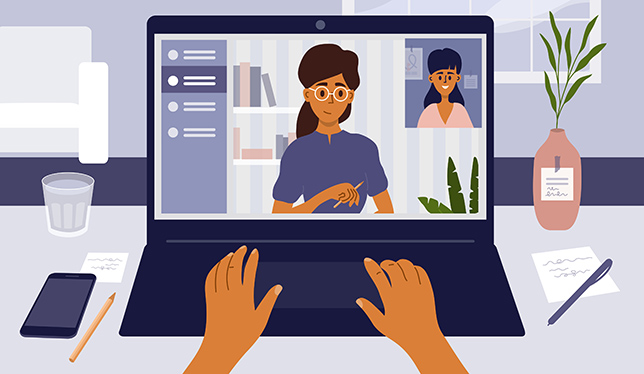 Job interview remotely by video call using laptop